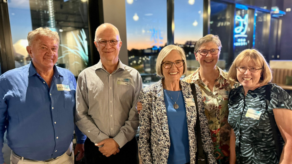 Snowden Optiro Reunion 2024: The first five company pioneers reunited. Phil Snowden, Paul Blackney, Sharyn Rowley, Viv Snowden and Christine Standing.